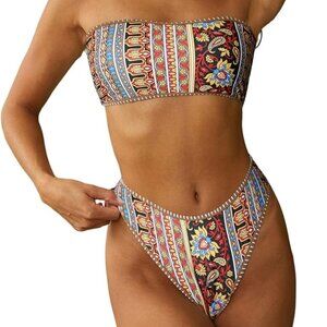 ZAFUL Women Strapless Textured Bandeau Bikini 2 Piece